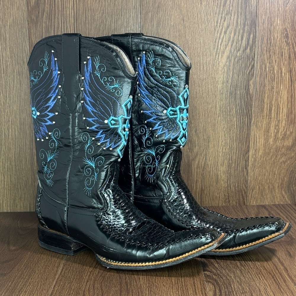El General Black Leather Western Boots Blue Embroidered Wing Cross Men’s 8.5